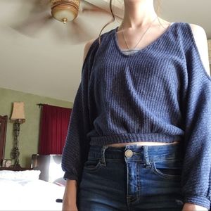 Solemio blue open shoulder blouse w/ tie sleeves (size small)